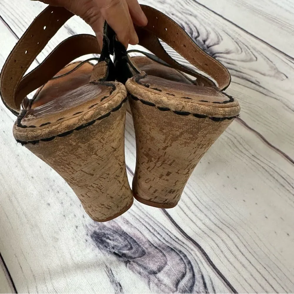 BORN Cork 3” Wedge Heel Strappy‎ Slip-On Black Leather Sandals Sz 10 Platform